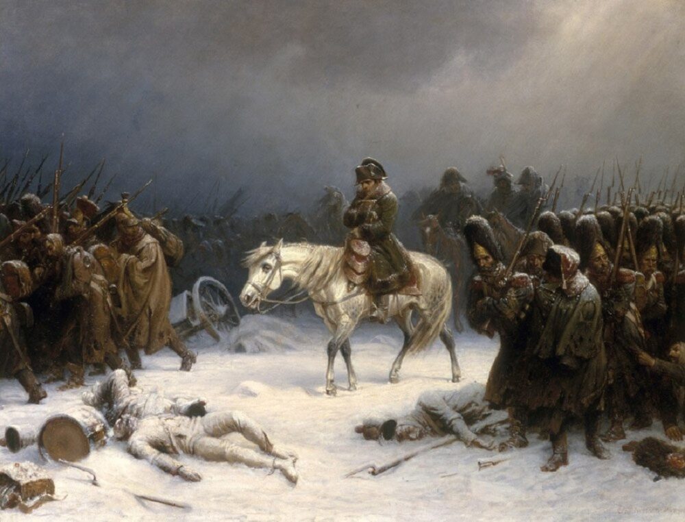 Maleriet illustrerer Napoleon og hans hær slukøret på vei hjem om vinteren.