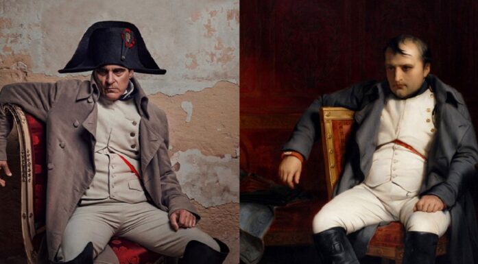 Montasjen viser Joaquin Phoenix til venstre og Napoleon til høyre.