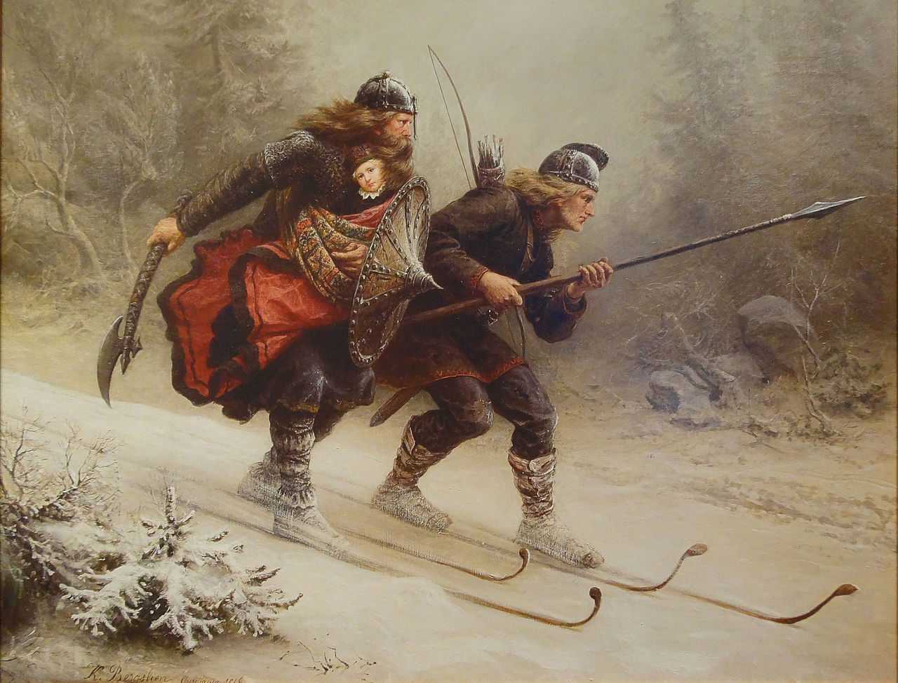 Maleri som viser tp menn på ski med et lite barn i armene.