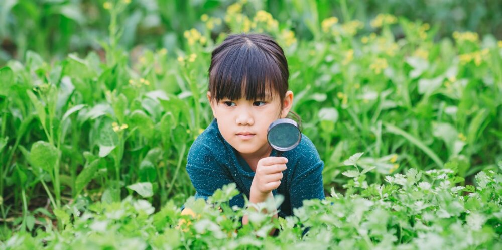 Skremselsbudskap. Bildet viser ei jente med forstørrelsesglass i gresset.