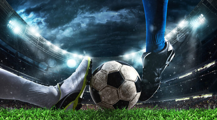 Illustrasjonsbilde av en fotball og bein som sparker på ballen.