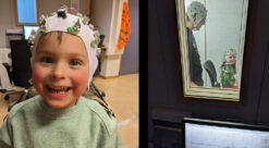 Bilder av to barn og en voksen med hette påkoblet elektroder. (rytmen i språk)