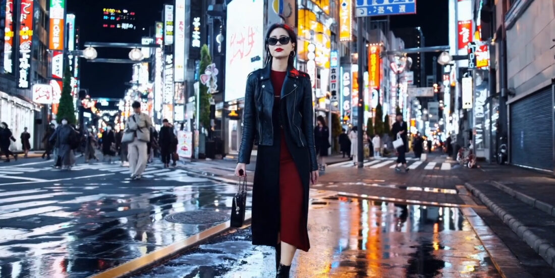 AI-generert bilde av kvinne som går på gata i Tokyo omgitt av lysreklamer og andre lyskilder.