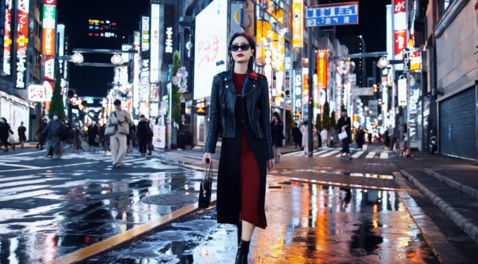 AI-generert bilde av kvinne som går på gata i Tokyo omgitt av lysreklamer og andre lyskilder.