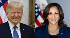 Woke. Montasjen viser Donald Trump til venstre og Kamala Harris til høyre.