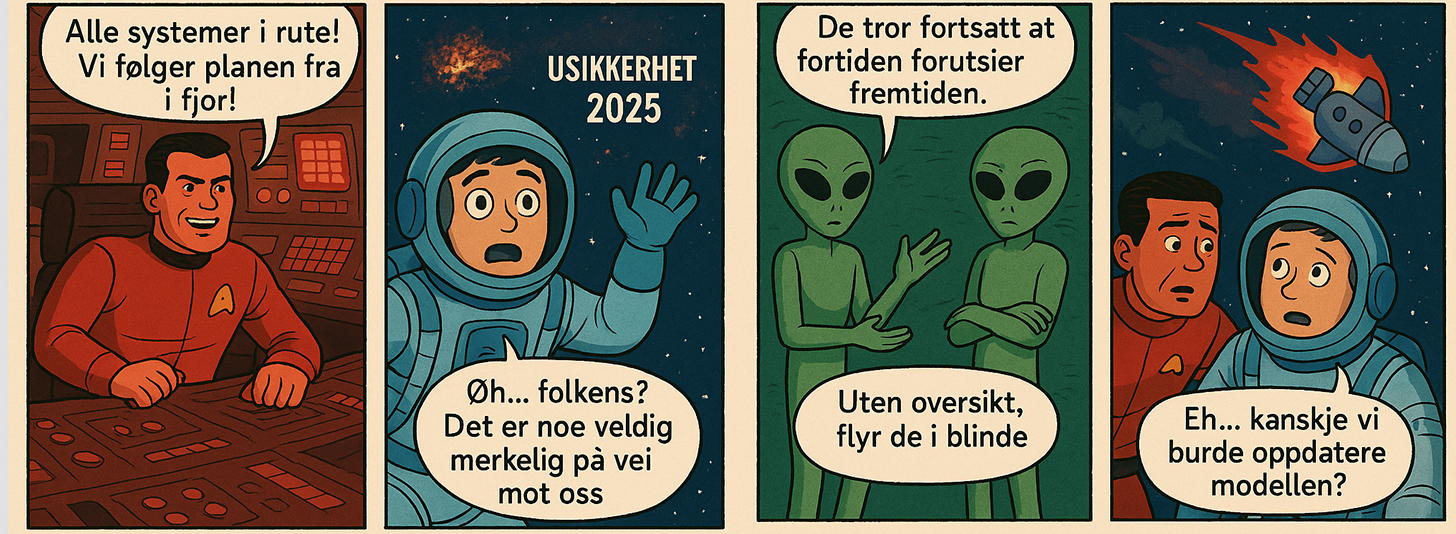 Tegneseriestripe av romskip på kollisjonskurs (illustrasjon til kronikk om navigasjon).