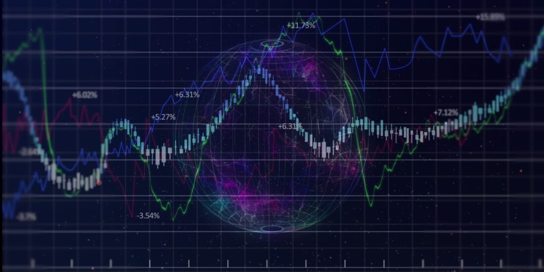 Illustrasjon over global trend i KI. Jordkloden som vektorillustrasjon og en graf med tall foran.