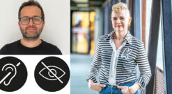 Montajse med bilde av en kvinne og en mann og to symboler for universell utforming.