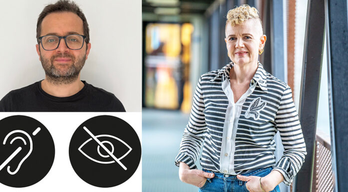 Montajse med bilde av en kvinne og en mann og to symboler for universell utforming.