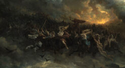 Maleri med en horde av mennesker som farer fram.