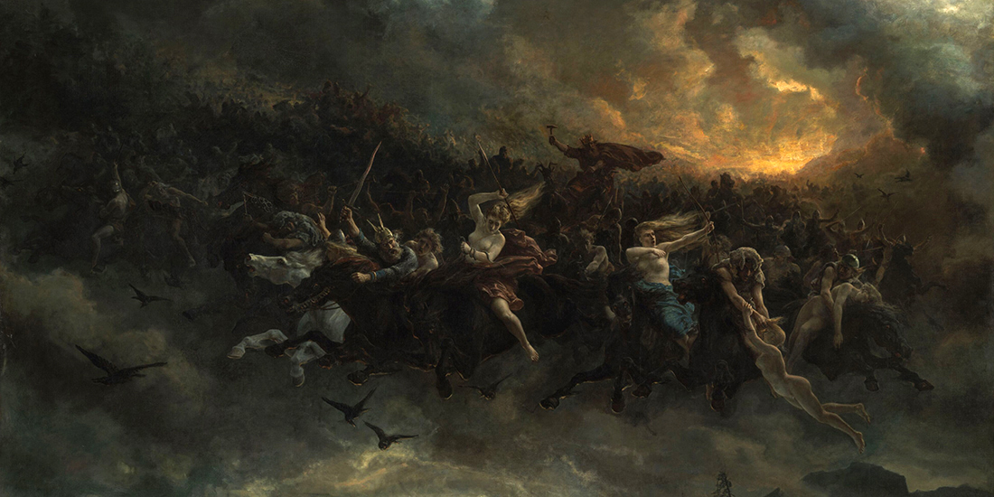 Maleri med en horde av mennesker som farer fram.