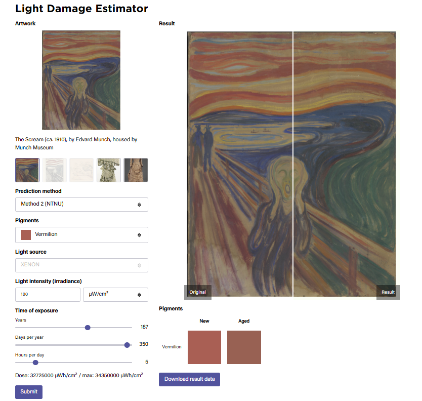 Bildet viser en grafisk fremstilling av hvordan farger i et maleri vil endre seg over mange år.
