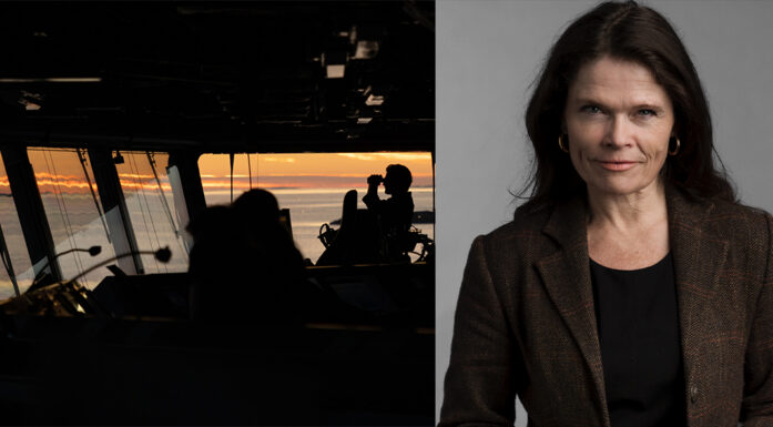 Sikkerhet. Bildet er en collage av en skipsbro og Cecilie Hellestveit.
