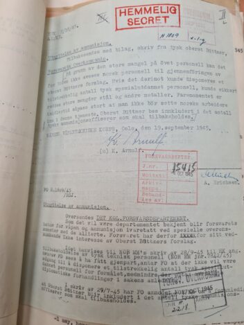 Bildet viser et brev der Norge takker nei til oberst Büttners plan.