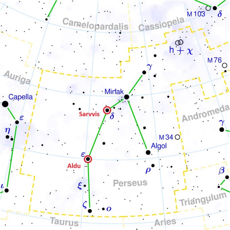 Kartet markerer de to stjernene i det vestlige stjernebildet Perseus.