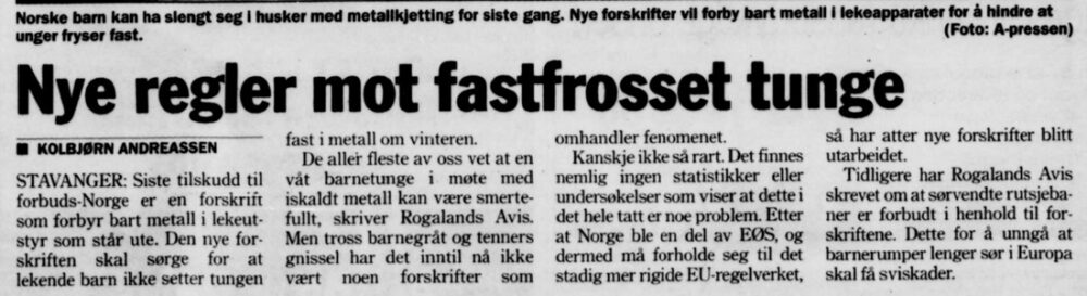 Tunge. Bildet er en faksimile som snakker om de nye reglene for lekeplasser.