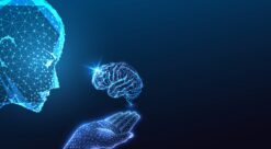 Kunstig intelligens. Illustrasjonen viser en stilisert mann som holder en hjerne.