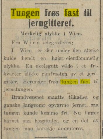 Bildet er en faksimile fra Breviksposten som forteller om en hendelse i Wien der deler av en tunge kanskje måtte amputeres.