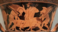 Iliaden. Bildet viser en scene der helten Sarpedon bæres vekk av Hypnos og Thanatos.