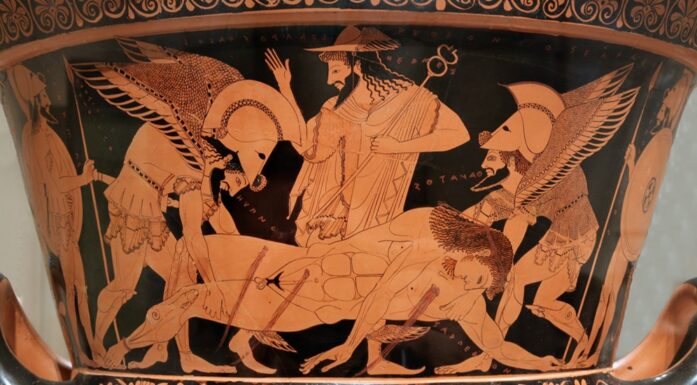 Iliaden. Bildet viser en scene der helten Sarpedon bæres vekk av Hypnos og Thanatos.