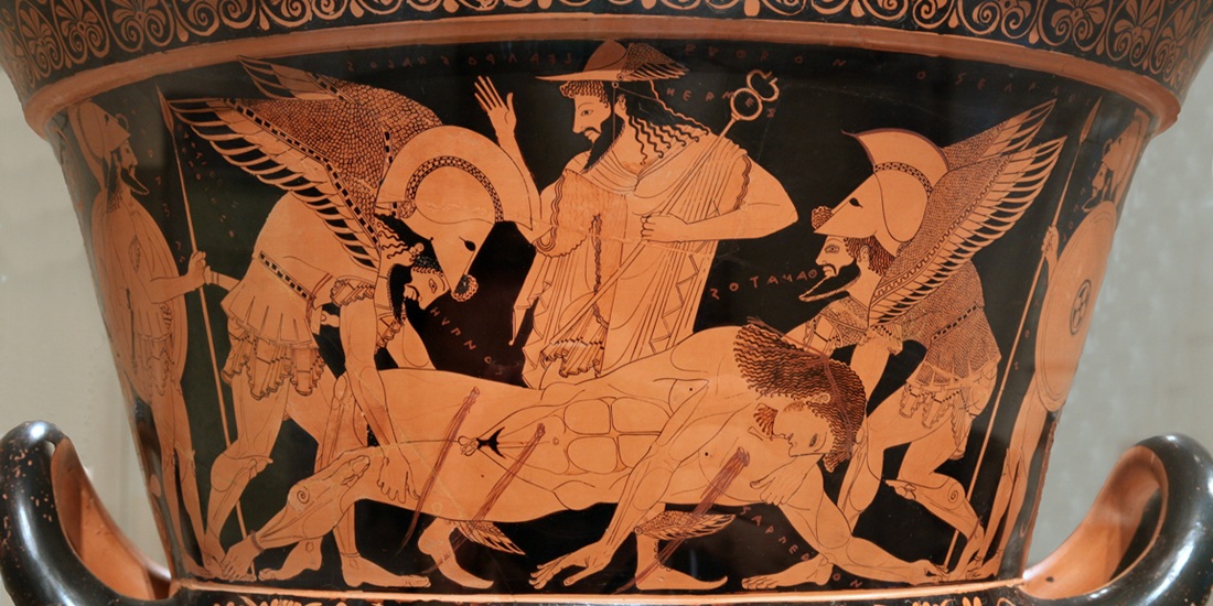 Iliaden. Bildet viser en scene der helten Sarpedon bæres vekk av Hypnos og Thanatos.