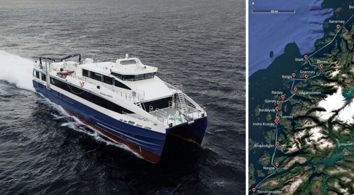 Bildet viser hurtigbåten MS «Elsa Laula Renberg».