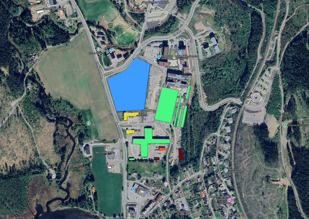Satellitter. Et satellittbilde av Harestua med flere markerte fargeområder.