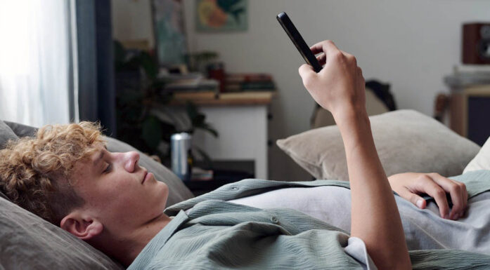 Demokrati. En ung mann i en sofa som ser på mobiltelefonen.