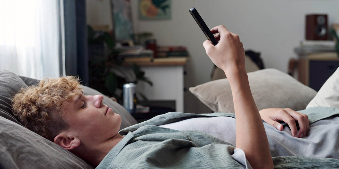 Demokrati. En ung mann i en sofa som ser på mobiltelefonen.