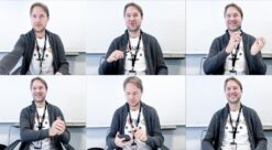 Seks bilder av mann i grå jakke, som sitter og snakker og gestikulerer. Illustrasjon til sak om boligverdier. Foto.