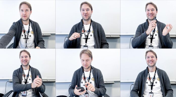 Seks bilder av mann i grå jakke, som sitter og snakker og gestikulerer. Illustrasjon til sak om boligverdier. Foto.
