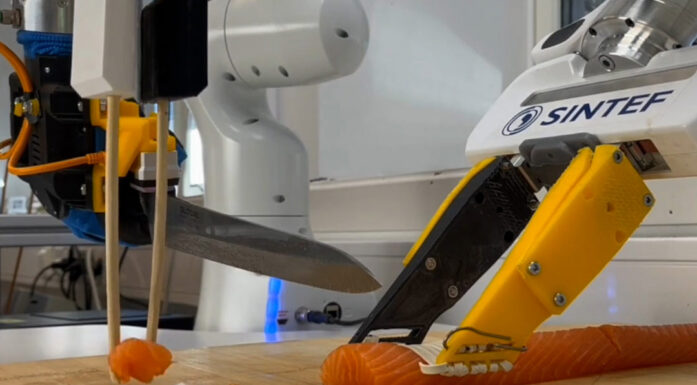 Spisepinner på robotarm som plukker opp en laksebit.