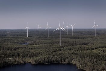 Vindpark i skogsmark. Foto.