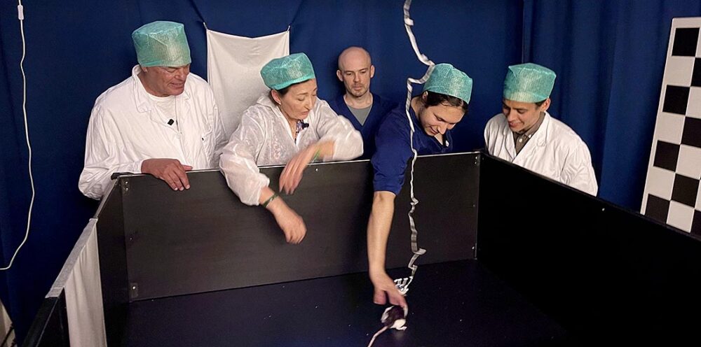 Forskere i rottelaboratoriet. Edvard Moser, May-Britt Moser, Rich Gardner, Michael F. Schellenberger og Abraham Z. Vollan. Foto.