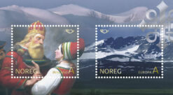 En mann med krone på hodet og en kvinne i samisk drakt står tett mot hverandre i forgrunnen av et landskap med fjell. Maleri.