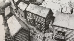Mange hus som ligger tett i tett, med en del mennesker i gatene. Tegning i sort-hvitt.