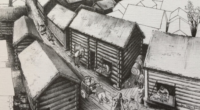 Mange hus som ligger tett i tett, med en del mennesker i gatene. Tegning i sort-hvitt.