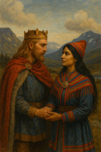 En mann med krone på hodet og en kvinne i samisk drakt står tett mot hverandre i forgrunnen av et landskap med fjell. Maleri.