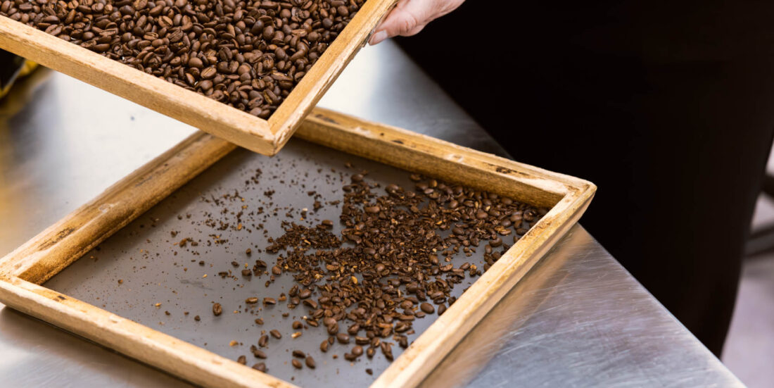 Her sjekkes kvaliteten på av brente kaffebønner hos Kjeldsberg. Foto utlånt fra produsenten