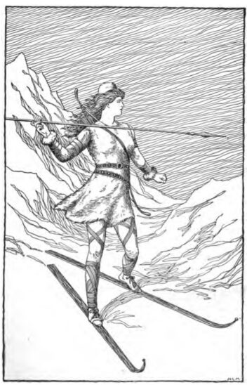 En kvinne som står på ski med et spyd i hånden. Tegning.